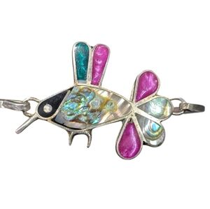Vintage Alpaca Mexico Hummingbird Bangle Clasp Bracelet Abalone, Pink & Teal